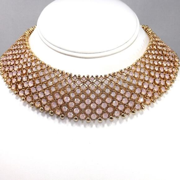 Pink Faux Opal Rhinestone Gold Stretch Links Wide Collar Necklace - Picture 3 of 8